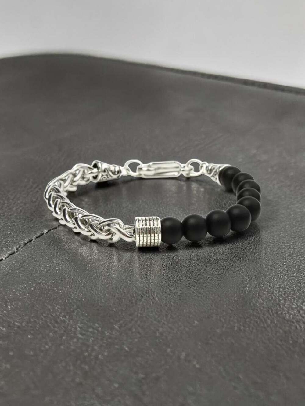 Matte Black or Tiger Eye Stone  & Silver Chain Bracelet